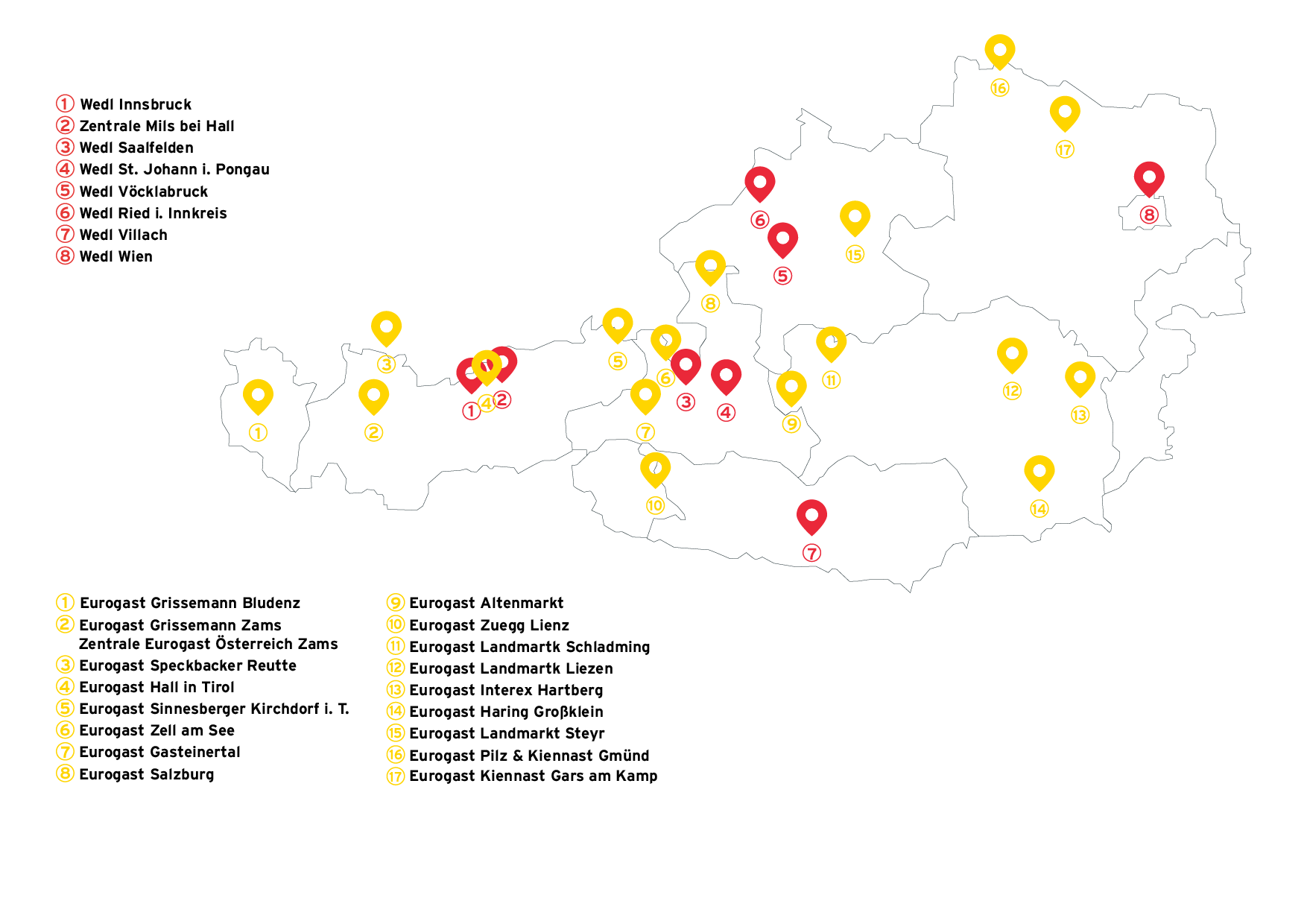 Standortkarte Österreich mit allen Wedl- und Eurogast-Standorten